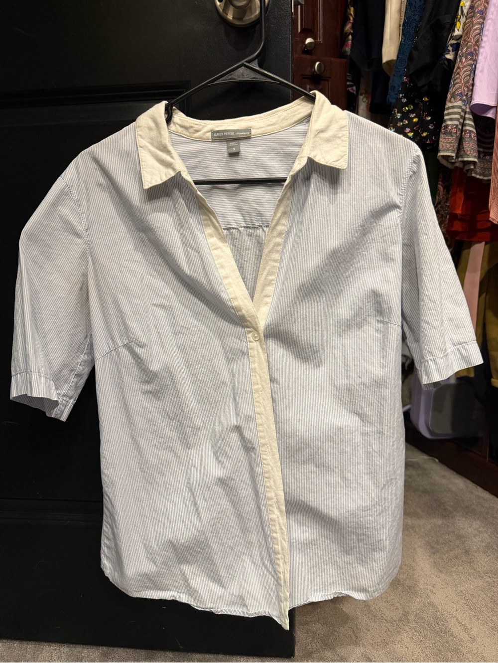 James Perse Light Blue Pinstripe Short-Sleeve Button-Down with Cream Trim